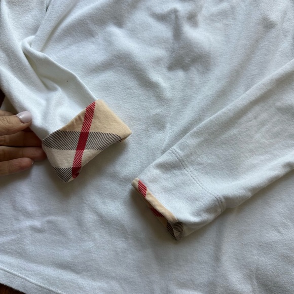 Burberry Girls Novacheck Cuff White Long Sleeve Tee T-Shirt Top Sz 10 - Picture 2 of 9